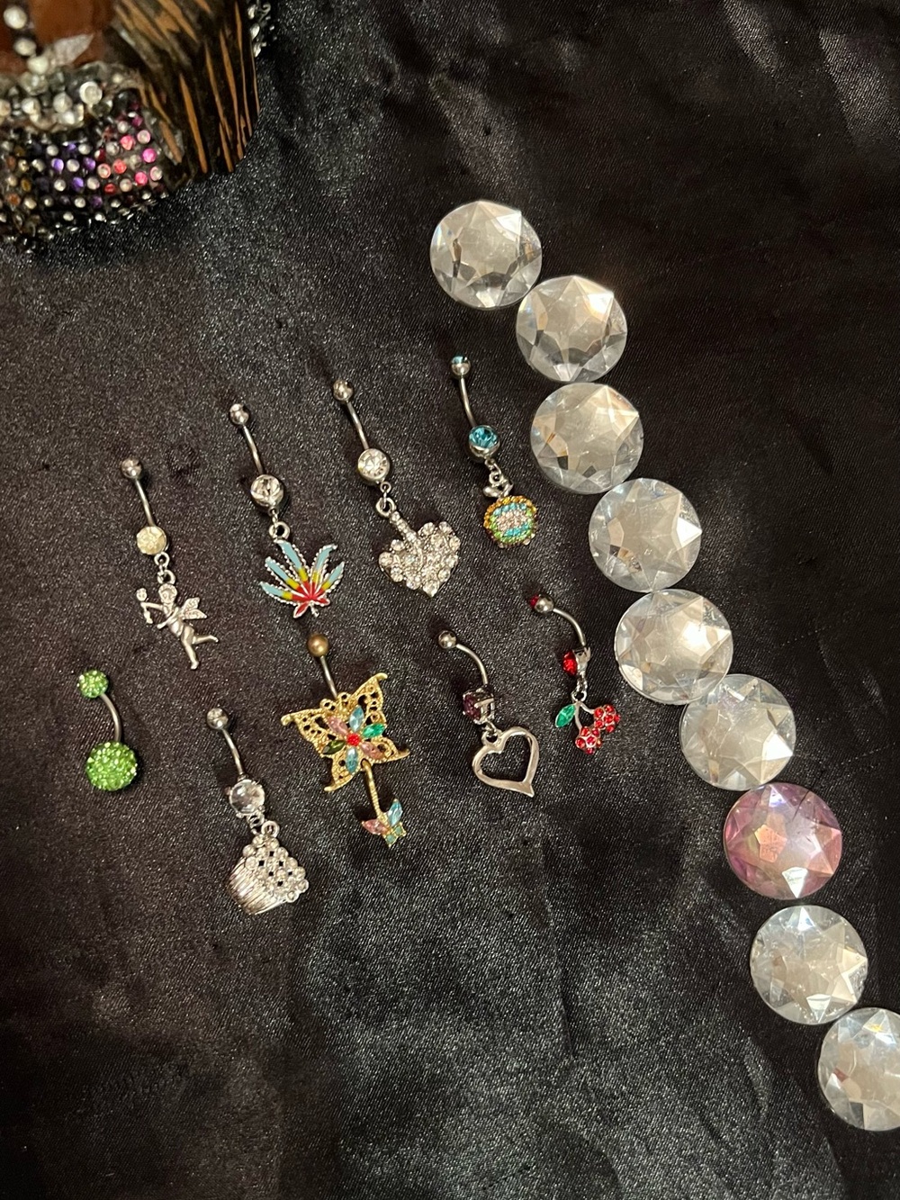 9 Piece Crystal and Multicolor Charm Belly Button Ring Set - Women Jewelry